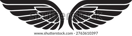 Vector illustration of wide black wings, fanned out with detailed feathers. Symbol of freedom, angels, and flight. Isolated on checkered background.
