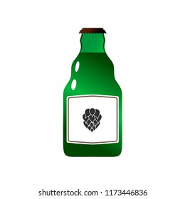 Vector illustration of wide green beer bottle with wavy neck and white label and hop cone 