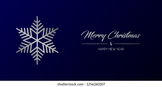 Vector illustration of wide greeting card with silver Merry Christmas and Happy New Year and flake on a dark blue background