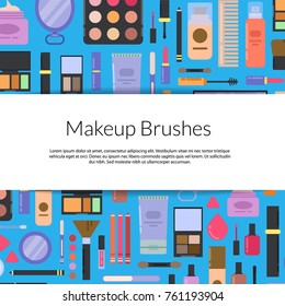 Vector illustration with wide horizontal white ribbonwith shadows across flat style makeup and skincare background and text