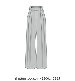 Vector illustration of wide leg pants with tucks and pockets. High waisted trousers tech sketch, vector. Template of fashion trousers with wide legs.