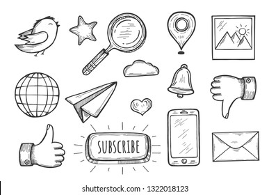 Vector illustration of widgets set. Like, dislike, phone directory, new message, search, internet browser, messenger, reminder, gallery, location, twitter, add to bookmarks. Vintage hand drawn style.