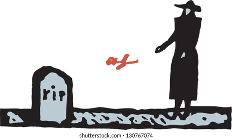 Vector illustration of widow in front of the gravestone