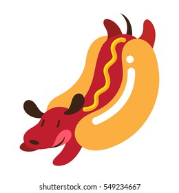 A vector illustration of a wiener dog, or a dachshund puppy, being wrapped by hot dog bun roll with yellow mustard on top.