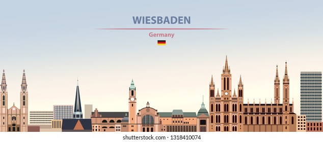 Vector illustration of Wiesbaden city skyline on colorful gradient beautiful daytime sky background with flag of Germany - Shutterstock ID 1318410074