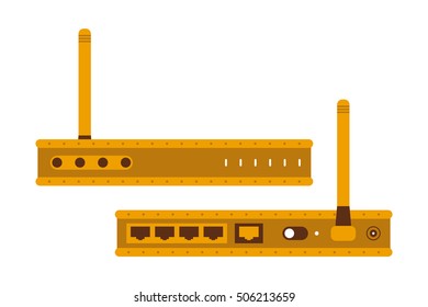 Vector illustration of wifi router. Front view and back view of the modem