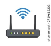 vector illustration Wi-Fi router icon with dual antennas, blue wireless signal waves, and colorful indicator lights.
