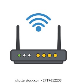 Vektorgrafik Wi-Fi-Router-Symbol mit zwei Antennen, blauen Wellen und bunten Anzeigeleuchten.