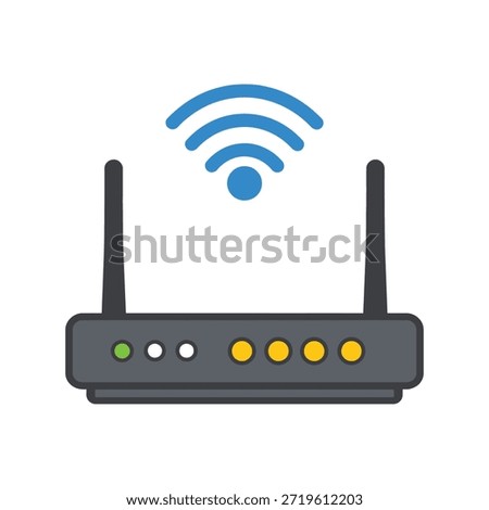vector illustration Wi-Fi router icon with dual antennas, blue wireless signal waves, and colorful indicator lights.