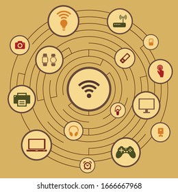 vector illustration of wifi signal sign and devices maze in retro vintage colors old style