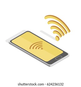 Vector illustration of the smartphone connected to the wifi, wireless internet connection isolated on white. Isometric vector