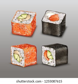 Vector illustration wih sushi roll set with flying fish roe, soft cheese, cucumber, avocado and salmon from different positions isolated on background