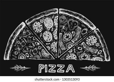 Vector illustration wiht graphic set of pizza on the black background