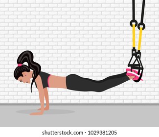 Vector illustration wiith girl doing exercise in flat style. Woman doing training in fitness gym