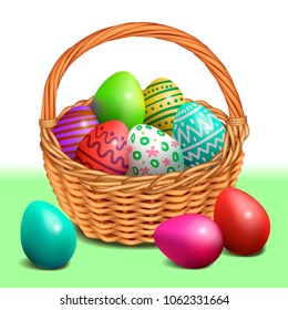 Vector illustration wiker basket with easter colored eggs