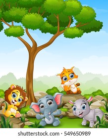 Vector illustration of Wild animal cartoon in the jungle