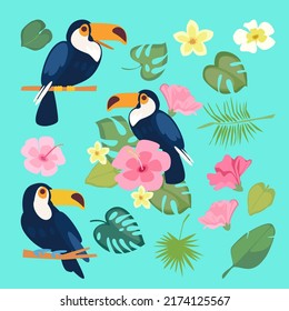 vector illustration of wild animal with flower and leaf collection in cute cartoon style