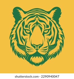 Vector illustration of wild animal. Hand drawn silhouette. Yellow background, green tiger engraving style illustration