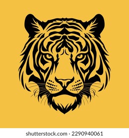 Vector illustration of wild animal. Hand drawn silhouette. Yellow background, tiger engraving style illustration