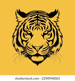Vector illustration of wild animal. Hand drawn silhouette. Tiger engraving illustration, yellow background