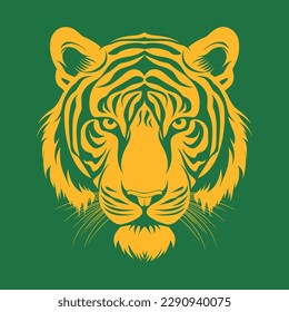 Vector illustration of wild animal. Hand drawn silhouette. Green  background, tiger engraving style illustration