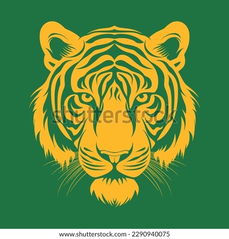 Vector illustration of wild animal. Hand drawn silhouette. Green  background, tiger engraving style illustration