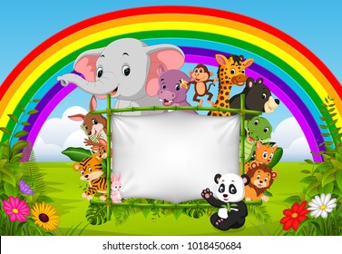 vector illustration of wild animal standing on a bamboo frame with rainbow scene