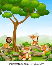 Vector illustration of Wild animals cartoon in the jungle