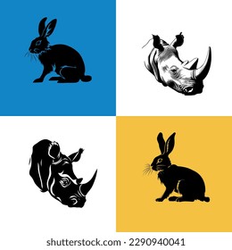 Vector illustration of wild animals. Engraving illustration rhinos and rabbits. Hand drawn silhouette. Blue-yellow background 