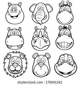 Vector illustration of Wild animals faces cartoons - Coloring book