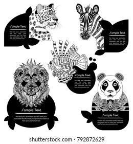 Vector illustration of wild animals and fish. Black and white illustration of animals. Ornament vector animals. Stylish flier design 
