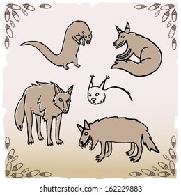 Vector illustration of wild animals. Forest beasts, otter, wolf, fox, lynx, on paper background.