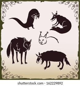 Vector illustration of wild animals. Forest beasts silhouette, otter, wolf, fox, lynx, on paper background.