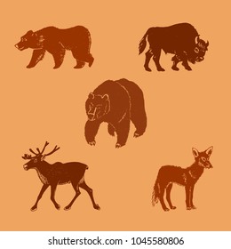 Vector illustration of wild animals. Hand drawn mammal silhouettes. 