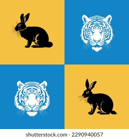Vector illustration of wild animals. Hand drawn mammal silhouettes. Engraving illustration Rabbit and tiger. Blue-yellow background 