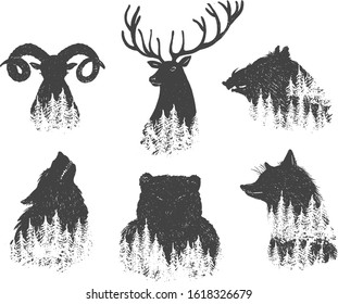 Vector illustration of wild animals heads transitioning into forest set. Simple stencil silhouette icon drawings. Deer, wild boar, wolf, bear, fox, mountain goat. Vintage hand drawn style