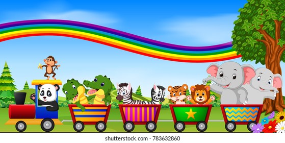 Vector illustration of wild animals on the train with rainbow