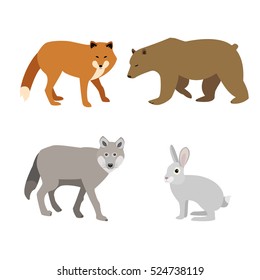 Vector illustration of wild animals set on white background. Fox. Bear. Wolf. Hare. Flat design.