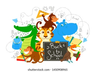 Vector illustration of wild animals that are happy to return to the school.  