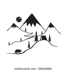 Vector illustration with wild bear, mountains with snow, moon, camping tent and pine forest. Print design, home decor element, greeting or postal card about travel and nature