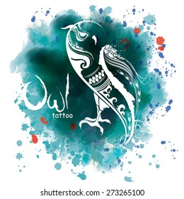 Vector illustration of a wild bird - OWL - tribal tattoo style, on a watercolor background