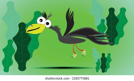 Vector illustration of a wild bird of undetermined origin among simple leaves. Bird in nature. Flying bird. Yellow beak, big eyes, wings, feathers, flight, freedom.