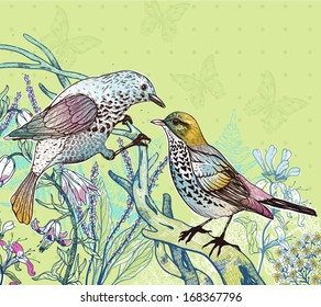 vector illustration of wild birds and blooming plants