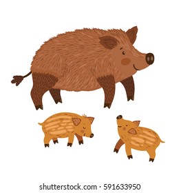 Vector illustration of wild boar with babies. Cute hand drawing animals are isolated on white. Smiling cartoon characters.