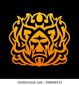 Vector illustration of a wild boar in the center of the fire on black background. Tribal style. Stencil, tattoo, mascot.
