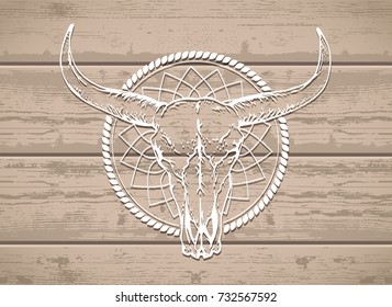 Vector illustration with a wild buffalo skull on a wooden background. White silhouette with round frame.  For t-shirts, posters and other your design.