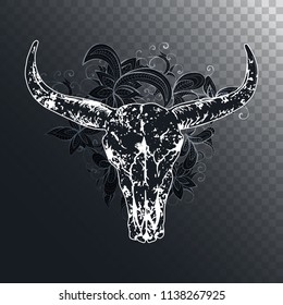 Vector illustration with a wild buffalo skulls and flowers pattern. Black and white silhouettes on a dark background. For t-shirts, posters and other your design.