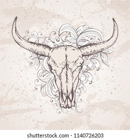 Vector illustration with a wild buffalo skulls and flowers pattern on a grunge background. For t-shirts, posters and other your design.