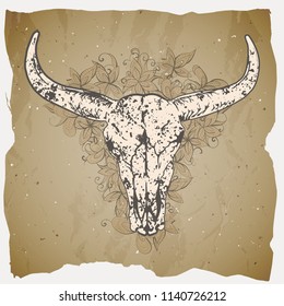 Vector illustration with a wild buffalo skulls and flowers pattern on a grunge background. For t-shirts, posters and other your design.