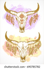 Vector illustration with a wild buffalo skulls and feathers, in the boho style. On a watercolor decorative background. Hand drawn graphic. For t-shirts, posters and other your design.

